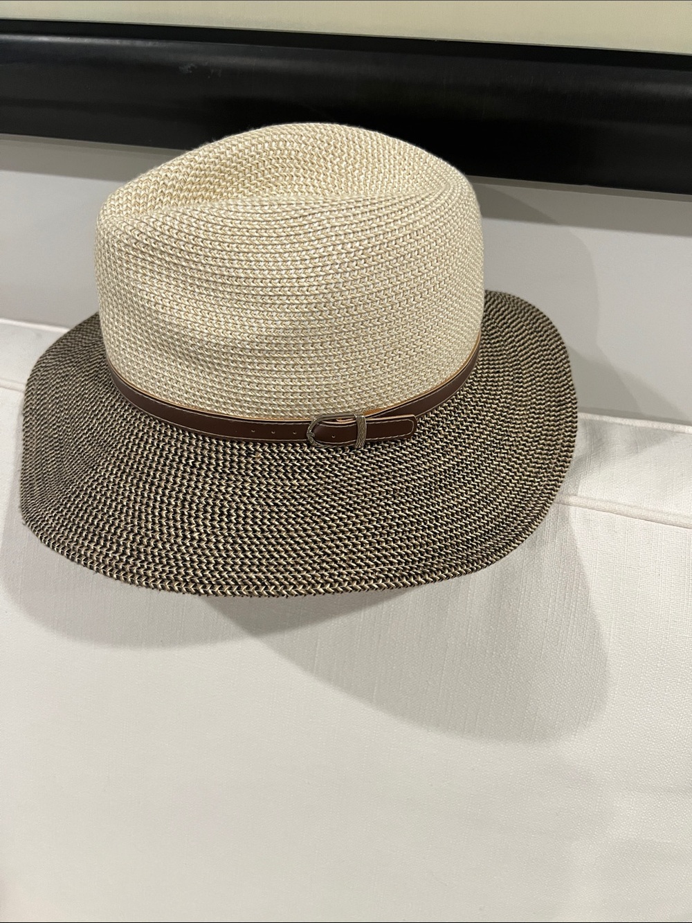 Two-Tone Cream and Brown Women's Straw Fedora with Brown Band